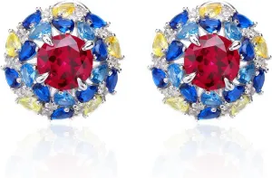 925 Sterling Silver Earrings for Women, 2CT Round Lab Created Ruby Hypoallergenic Stud Earrings with Cubic Zirconia 18K White Gold Plated Earring for Mom Wife Grandma