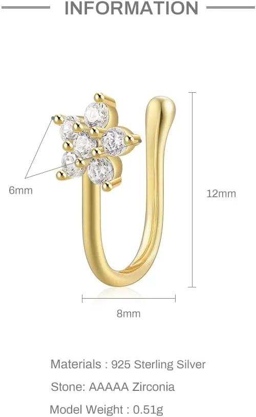 925 Sterling Silver Fake Nose Ring for Women CZ 14K Gold Plated Nose Cuffs Sparkling Non-Piercing Nose Rings Clip On Nose Jewelry Body Jewelry