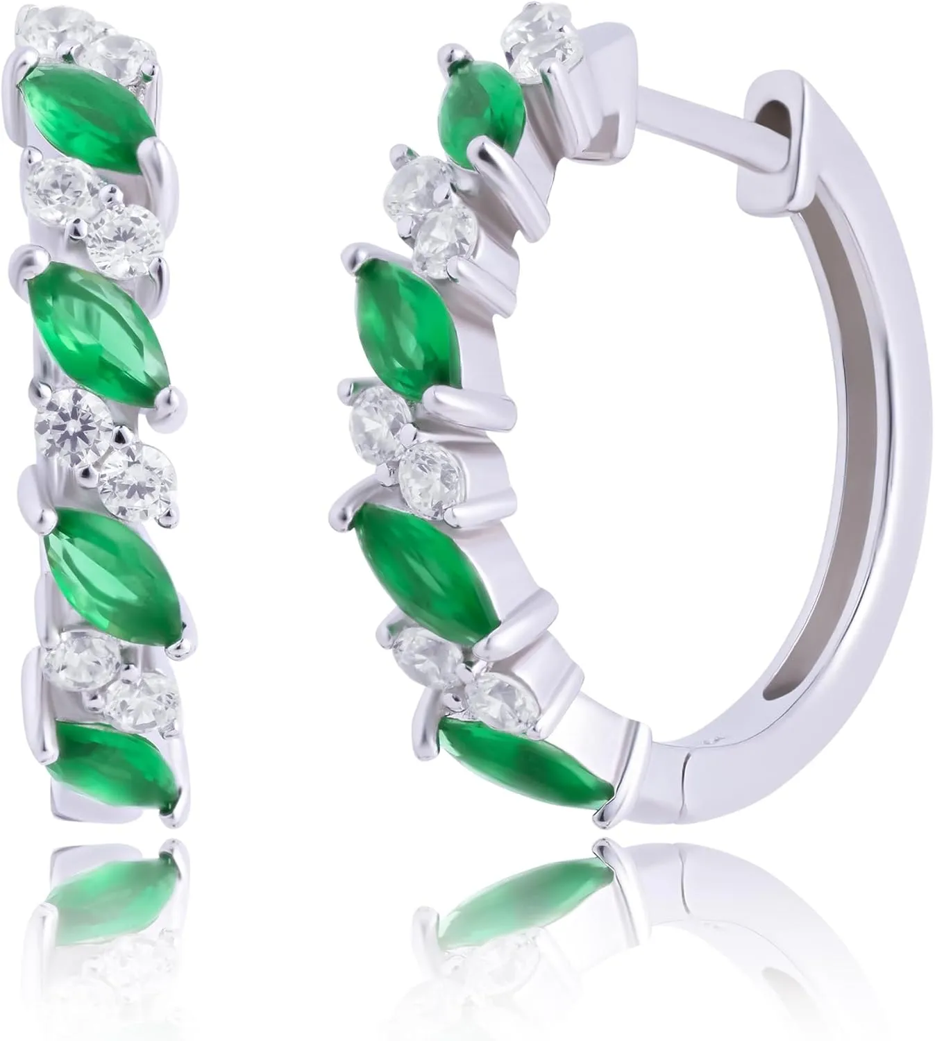 925 Sterling Silver Gemstone Hoop Earrings with CZ Accent Stones | Marquise Birthstone Hoop Earrings for Women | Hypoallergenic 20MM Blue Sapphire Ruby or Emerald Birthstone Earrings by MAX   STONE
