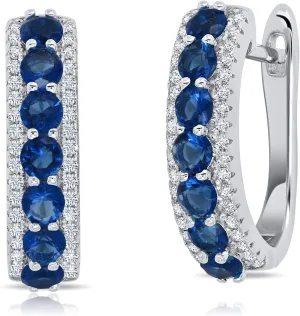 925 Sterling Silver Gemstone Round Hoop Earrings for Women 0.75 inches in Simulated Green Emerald, Red Ruby, or Blue Sapphire Birthstones with Hinged Posts by MAX   STONE
