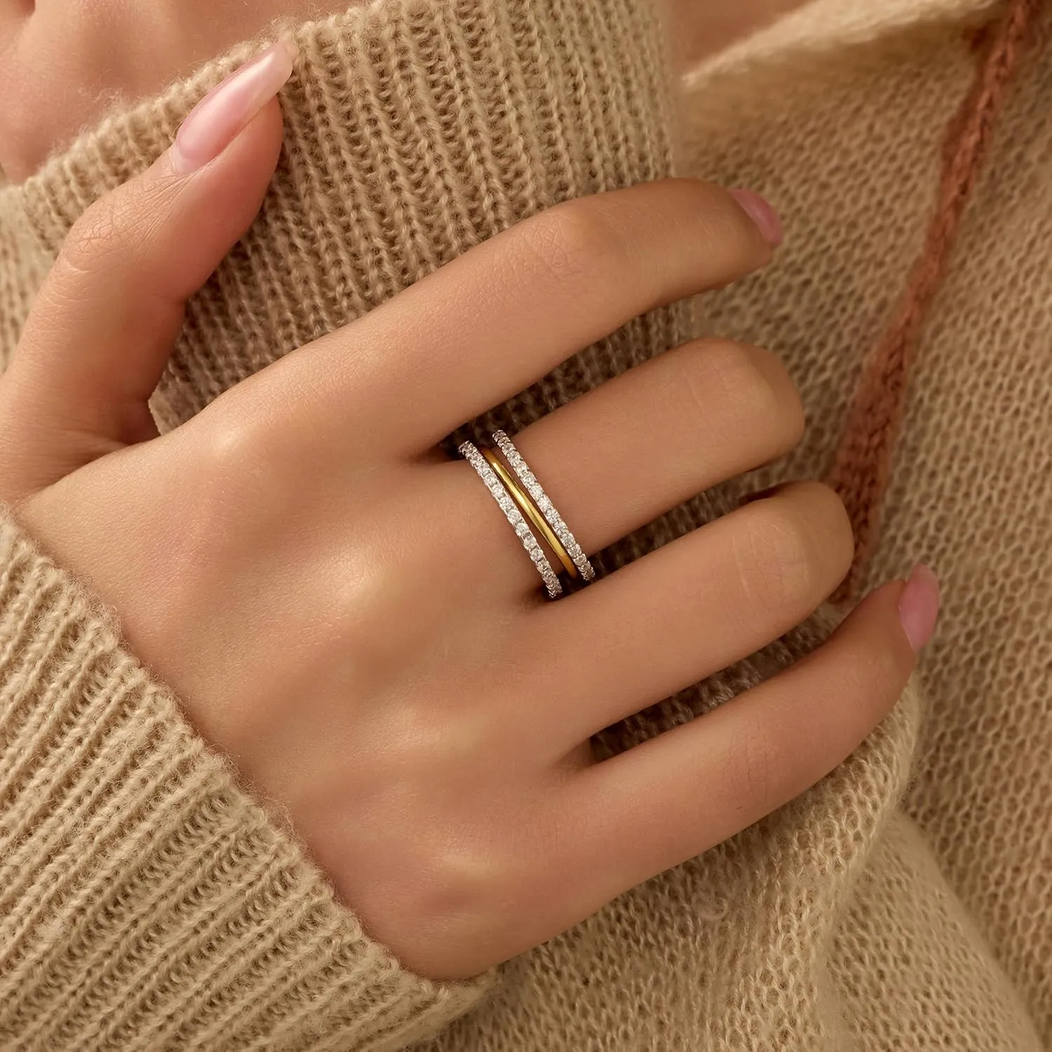 925 Sterling Silver Interlocked Spinelli Ring Stackable Rings for Women Non Tarnish Dainty 14K Gold Plated Chunky Rings Two Tone Cubic Zirconia Ring 3 Finger Ring Knuckle Pinky Ring Set Jewelry Gift