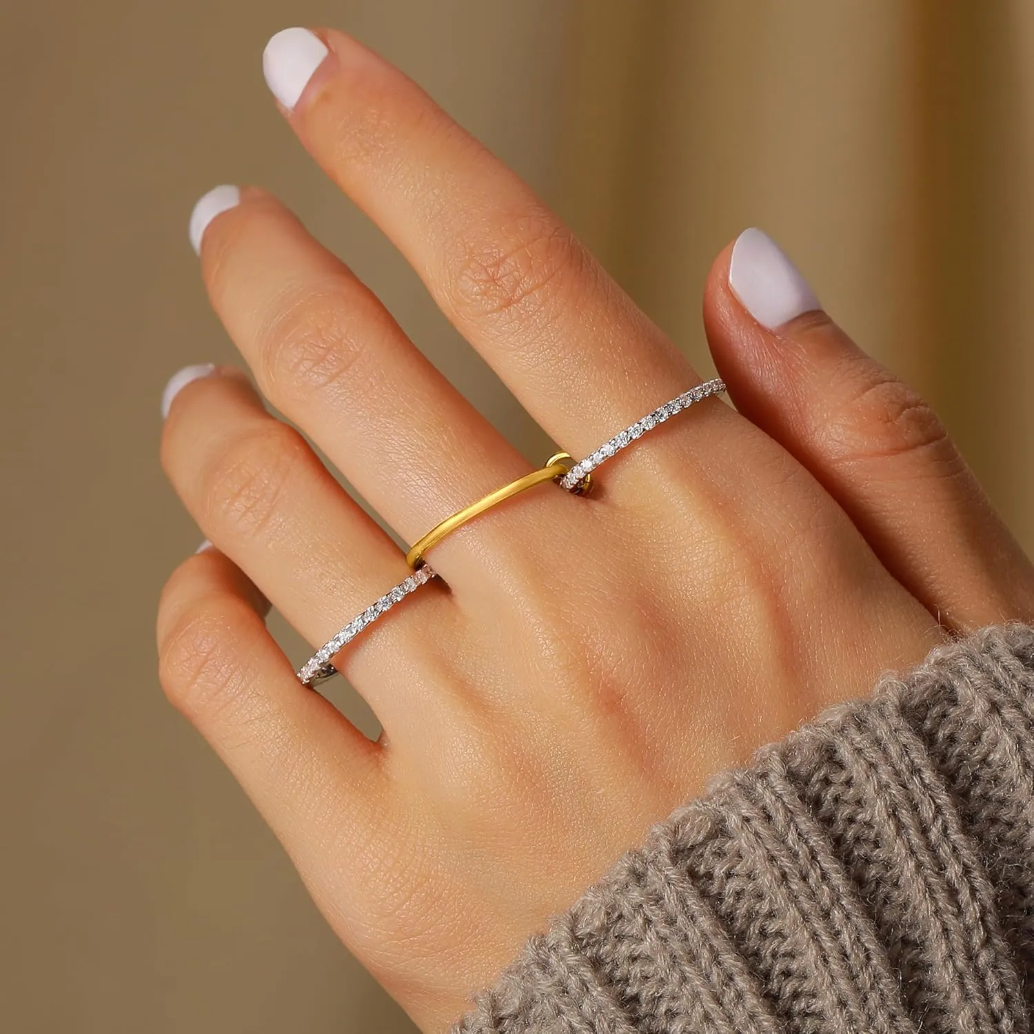 925 Sterling Silver Interlocked Spinelli Ring Stackable Rings for Women Non Tarnish Dainty 14K Gold Plated Chunky Rings Two Tone Cubic Zirconia Ring 3 Finger Ring Knuckle Pinky Ring Set Jewelry Gift