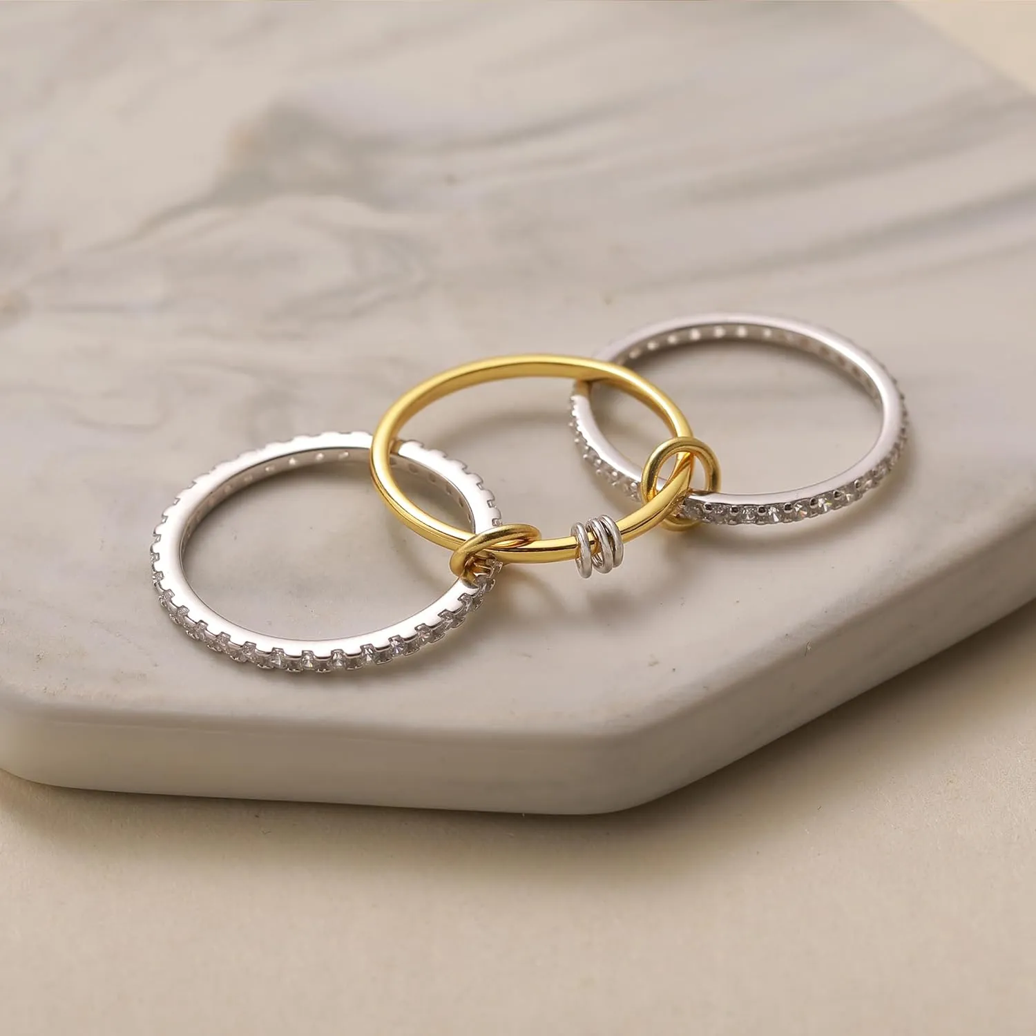 925 Sterling Silver Interlocked Spinelli Ring Stackable Rings for Women Non Tarnish Dainty 14K Gold Plated Chunky Rings Two Tone Cubic Zirconia Ring 3 Finger Ring Knuckle Pinky Ring Set Jewelry Gift