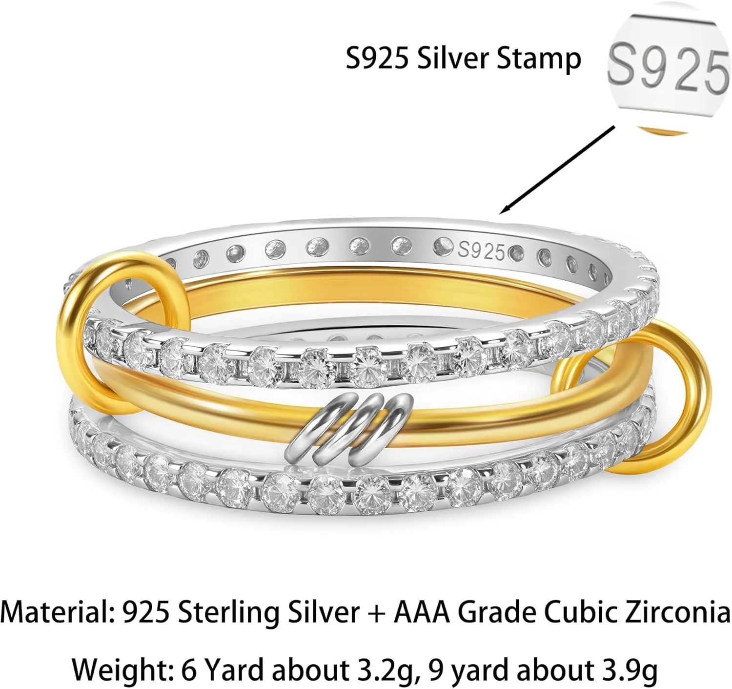 925 Sterling Silver Interlocked Spinelli Ring Stackable Rings for Women Non Tarnish Dainty 14K Gold Plated Chunky Rings Two Tone Cubic Zirconia Ring 3 Finger Ring Knuckle Pinky Ring Set Jewelry Gift