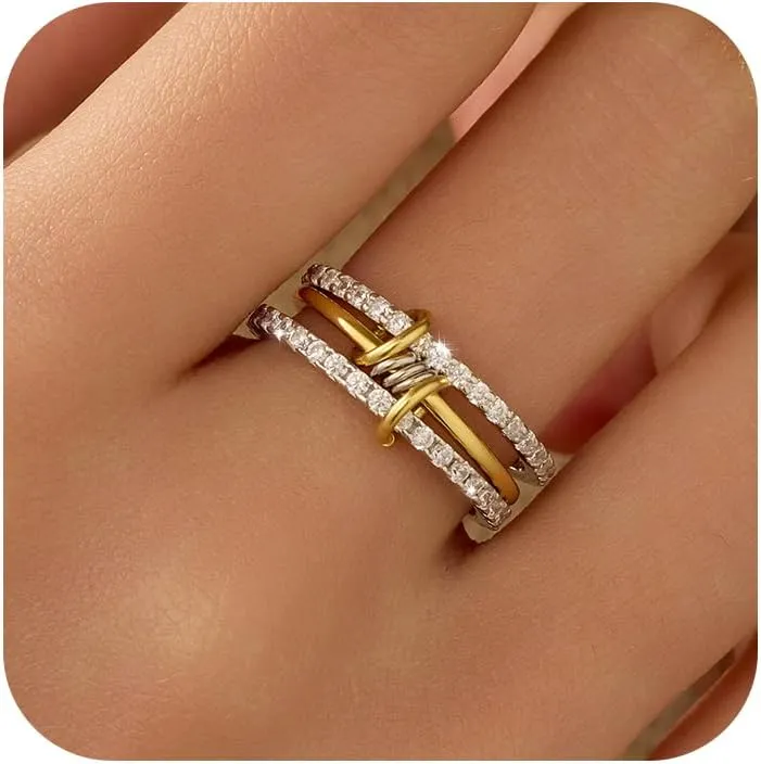 925 Sterling Silver Interlocked Spinelli Ring Stackable Rings for Women Non Tarnish Dainty 14K Gold Plated Chunky Rings Two Tone Cubic Zirconia Ring 3 Finger Ring Knuckle Pinky Ring Set Jewelry Gift