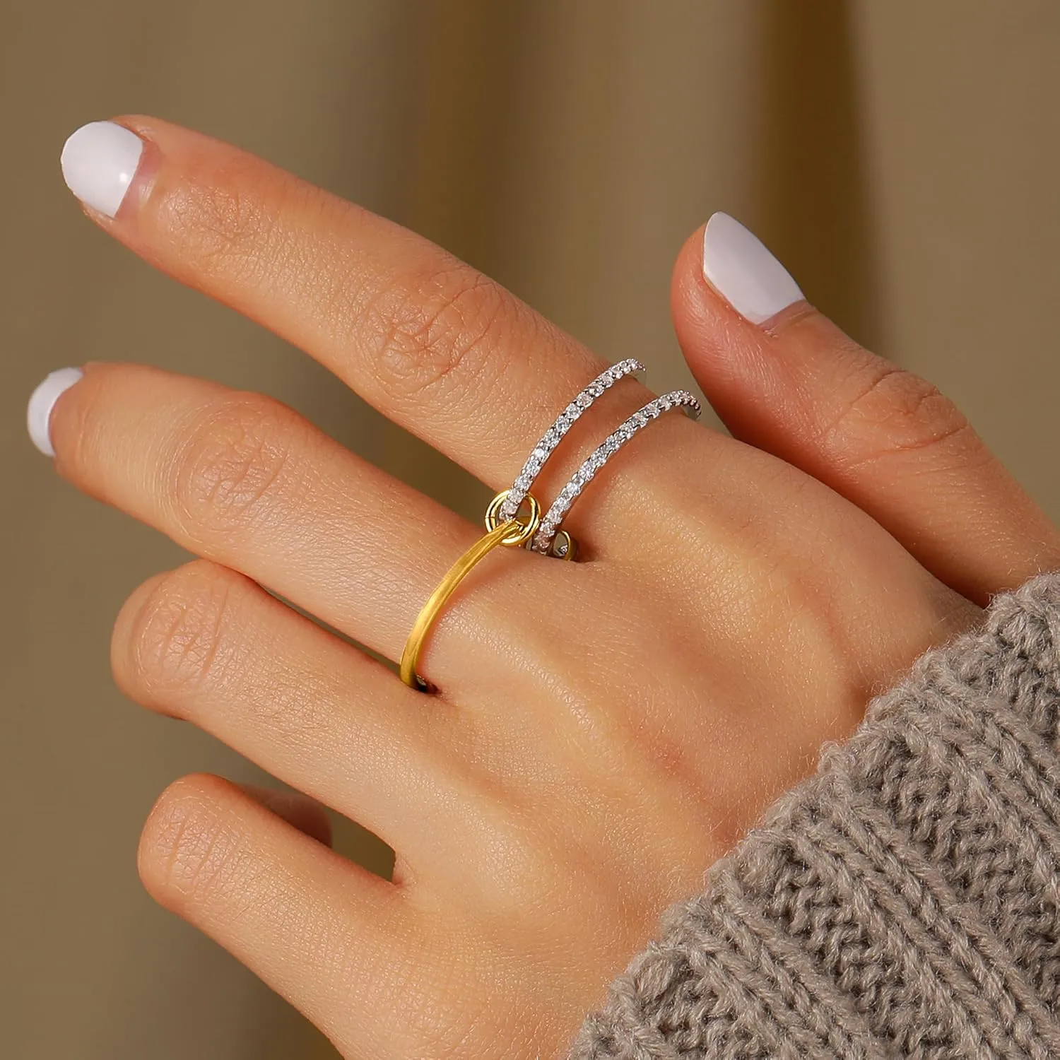 925 Sterling Silver Interlocked Spinelli Ring Stackable Rings for Women Non Tarnish Dainty 14K Gold Plated Chunky Rings Two Tone Cubic Zirconia Ring 3 Finger Ring Knuckle Pinky Ring Set Jewelry Gift