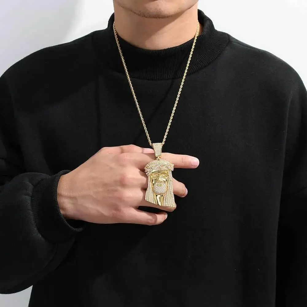 925 Sterling Silver Religious Jesus Head Necklace - 14K Gold Filled Jesus Head Pendant With Zircon Large Pendant Exaggerated Hip Hop Sky Necklace, Jesus Human Head Portrait Necklace