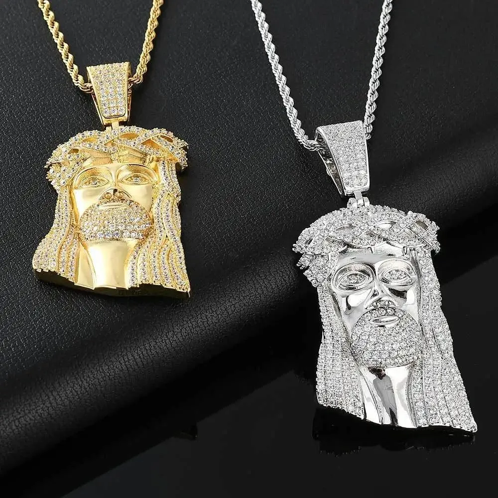 925 Sterling Silver Religious Jesus Head Necklace - 14K Gold Filled Jesus Head Pendant With Zircon Large Pendant Exaggerated Hip Hop Sky Necklace, Jesus Human Head Portrait Necklace