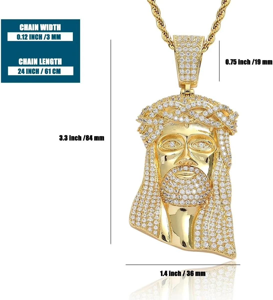 925 Sterling Silver Religious Jesus Head Necklace - 14K Gold Filled Jesus Head Pendant With Zircon Large Pendant Exaggerated Hip Hop Sky Necklace, Jesus Human Head Portrait Necklace