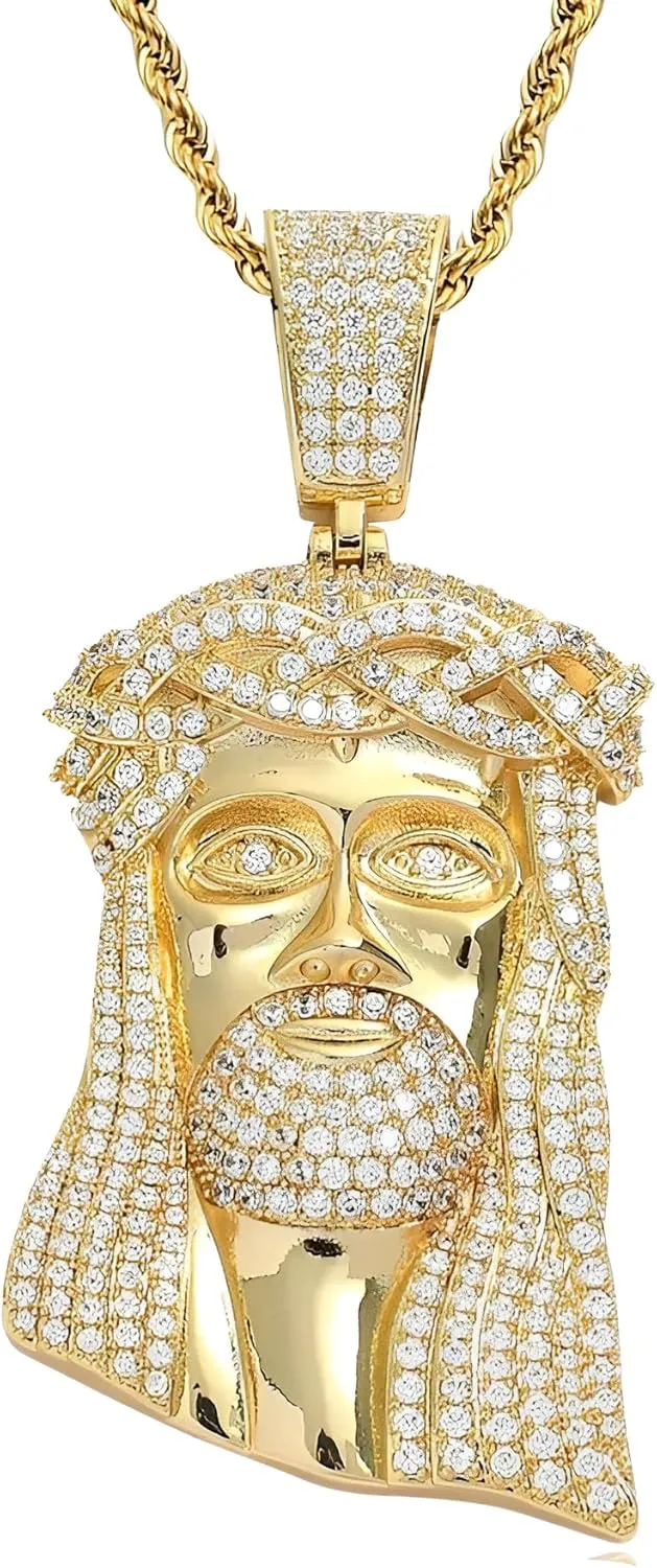 925 Sterling Silver Religious Jesus Head Necklace - 14K Gold Filled Jesus Head Pendant With Zircon Large Pendant Exaggerated Hip Hop Sky Necklace, Jesus Human Head Portrait Necklace