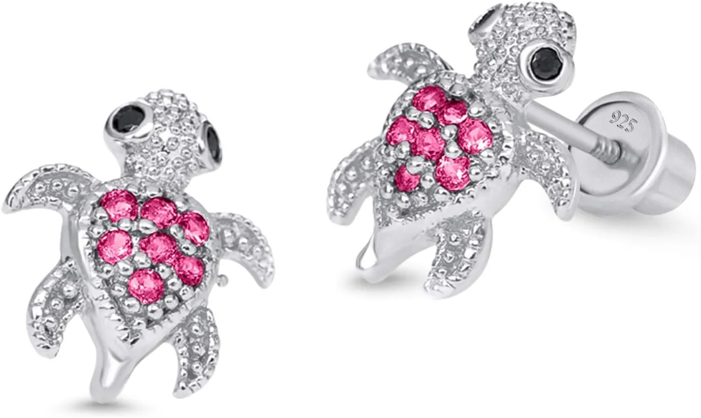 925 Sterling Silver Rhodium Plated Red Turtle Cubic Zirconia Screwback Baby Girls Earrings