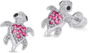 925 Sterling Silver Rhodium Plated Red Turtle Cubic Zirconia Screwback Baby Girls Earrings