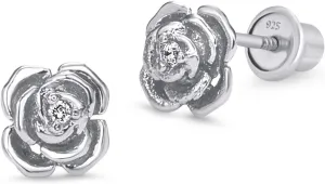 925 Sterling Silver Rhodium Plated Rose Cubic Zirconia Screwback Baby Girls Earrings