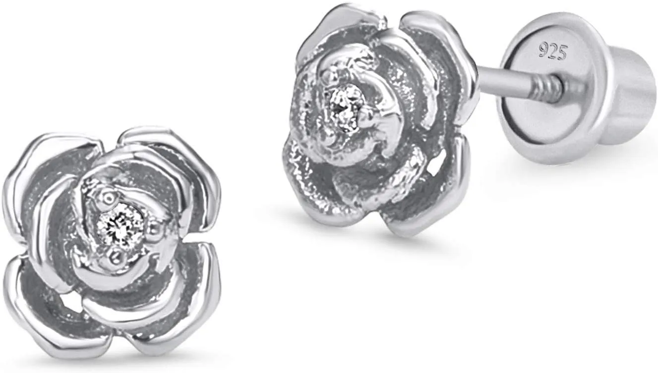 925 Sterling Silver Rhodium Plated Rose Cubic Zirconia Screwback Baby Girls Earrings