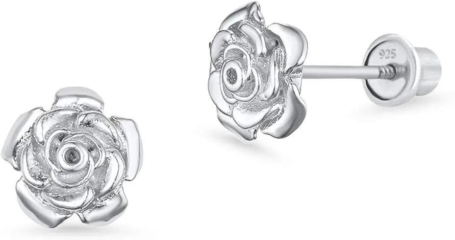 925 Sterling Silver Rhodium Plated Rose Flower Cubic Zirconia Screwback Baby Girls Earrings
