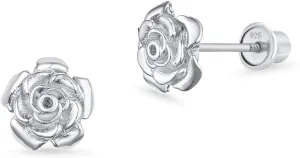 925 Sterling Silver Rhodium Plated Rose Flower Cubic Zirconia Screwback Baby Girls Earrings