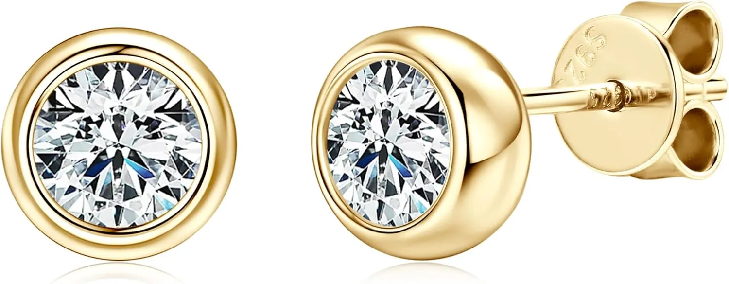 925 Sterling Silver Round Moissanite Stud Earrings for Women & Men, D Color VVS1, Hypoallergenic Bezel Set, 14K Gold Plated, Imitation Diamond Gifts