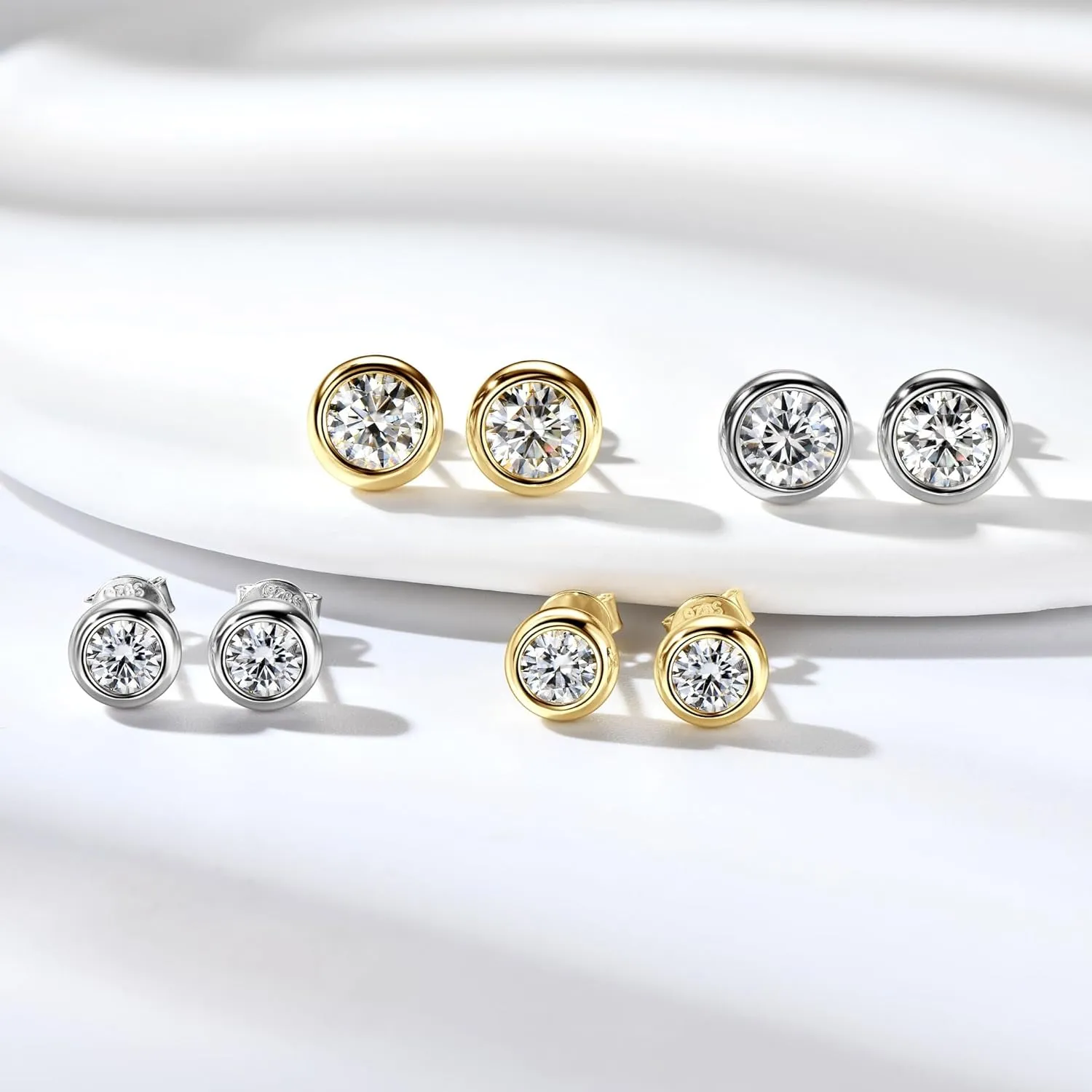 925 Sterling Silver Round Moissanite Stud Earrings for Women & Men, D Color VVS1, Hypoallergenic Bezel Set, 14K Gold Plated, Imitation Diamond Gifts