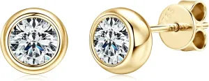 925 Sterling Silver Round Moissanite Stud Earrings for Women & Men, D Color VVS1, Hypoallergenic Bezel Set, 14K Gold Plated, Imitation Diamond Gifts