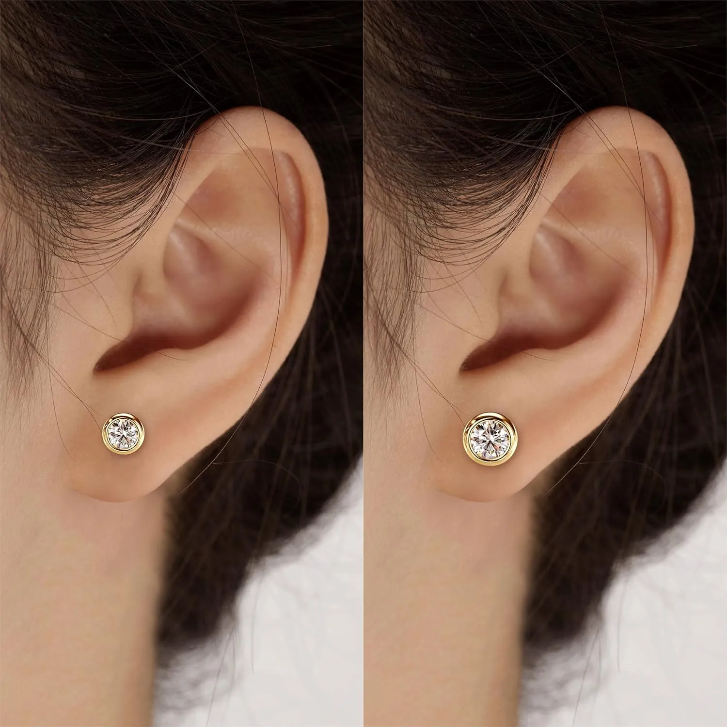 925 Sterling Silver Round Moissanite Stud Earrings for Women & Men, D Color VVS1, Hypoallergenic Bezel Set, 14K Gold Plated, Imitation Diamond Gifts
