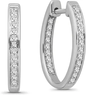 925 Sterling Silver Round-shape Inside and Outside Diamond Oval Hoop Earrings for Women (1/4 cttw, I-J Color, I2-I3 Clarity)