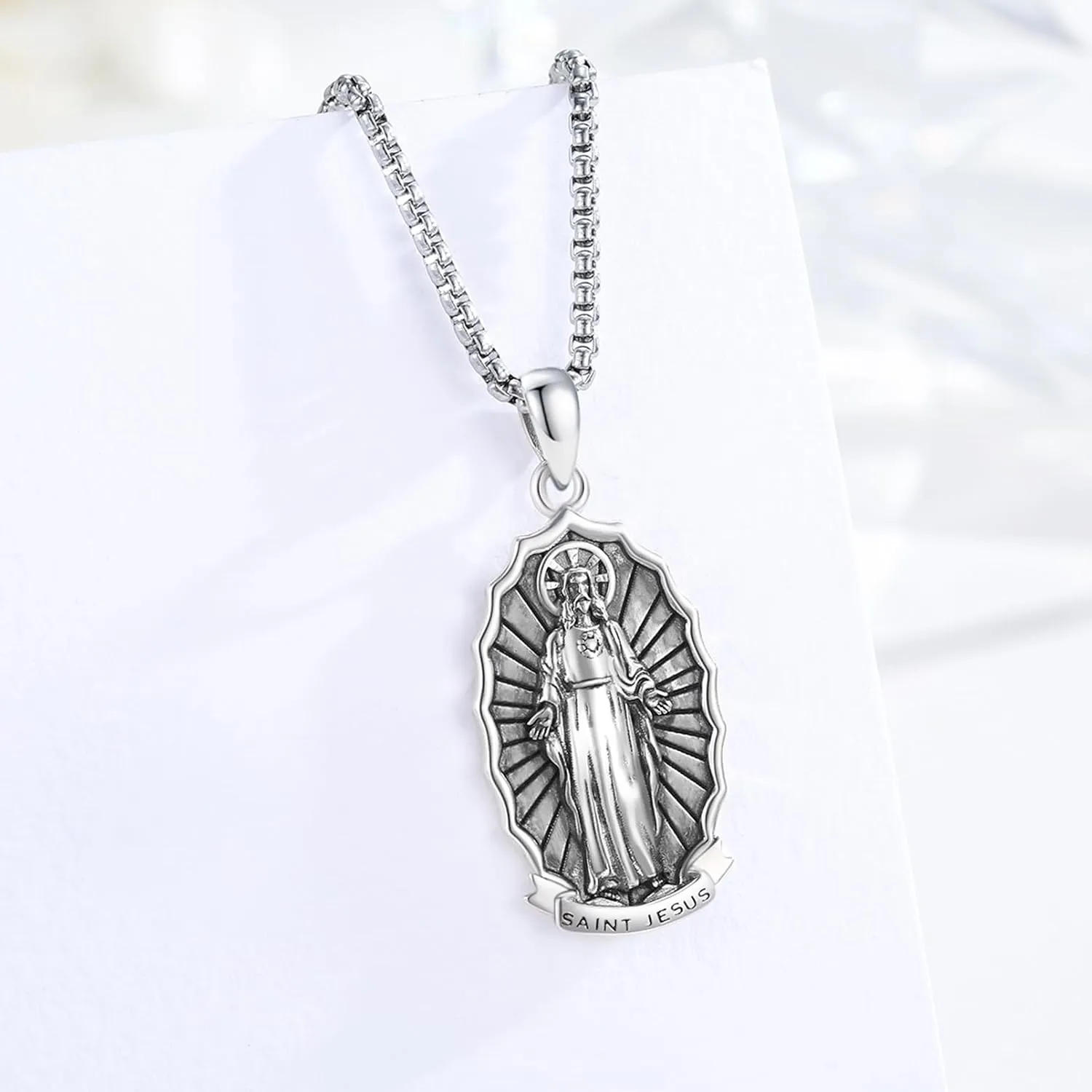 925 Sterling Silver Santa Muerte/St Benedict/Virgin Mary/Saint Jesus/Saint Joseph Miraculous Medal Necklace for Men