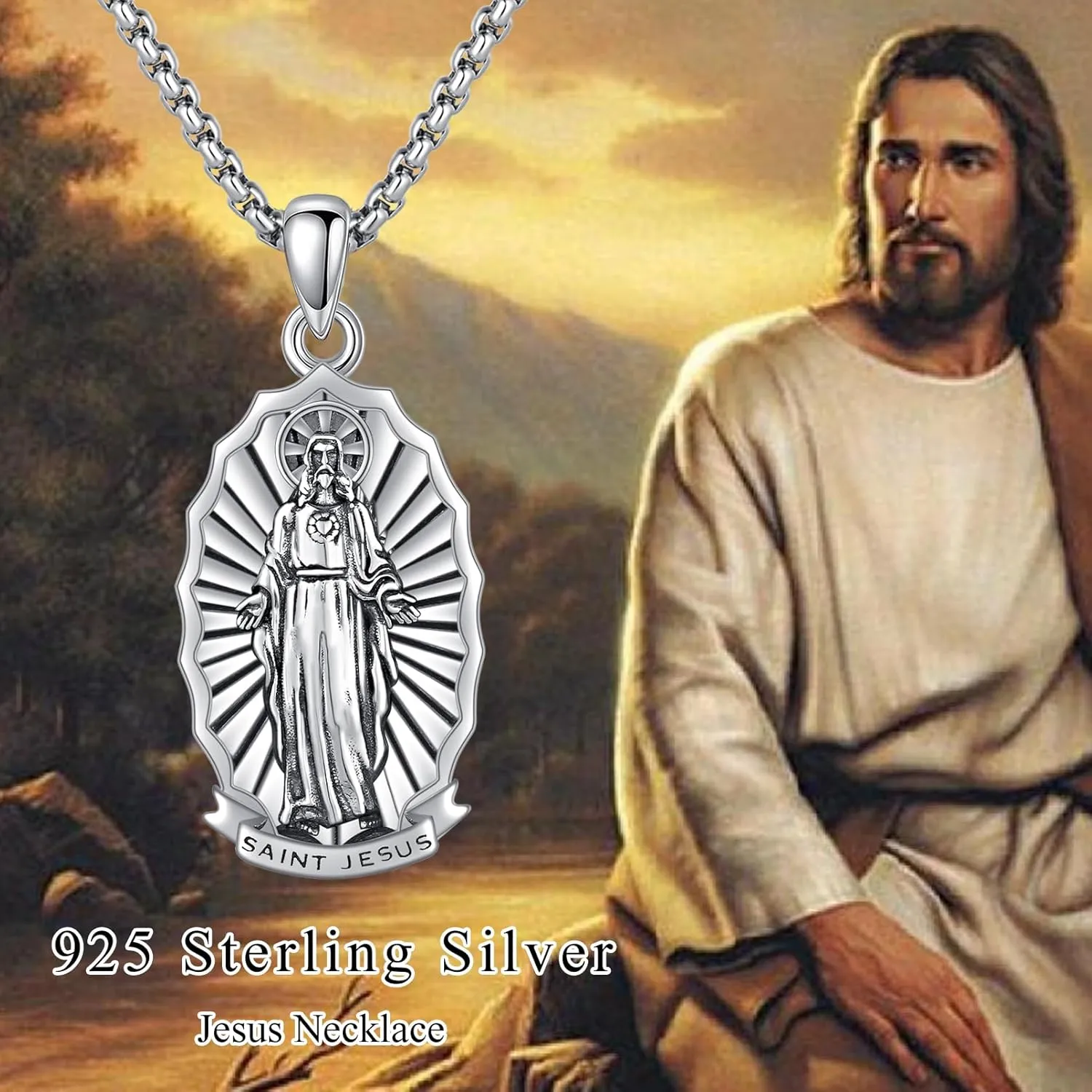925 Sterling Silver Santa Muerte/St Benedict/Virgin Mary/Saint Jesus/Saint Joseph Miraculous Medal Necklace for Men