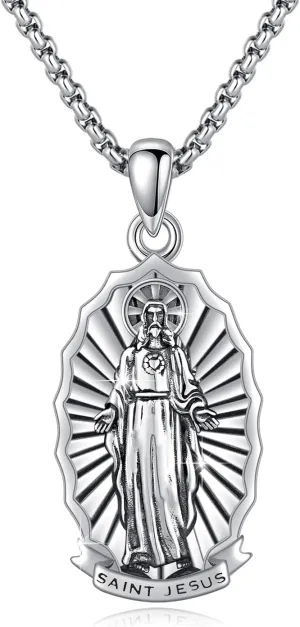 925 Sterling Silver Santa Muerte/St Benedict/Virgin Mary/Saint Jesus/Saint Joseph Miraculous Medal Necklace for Men