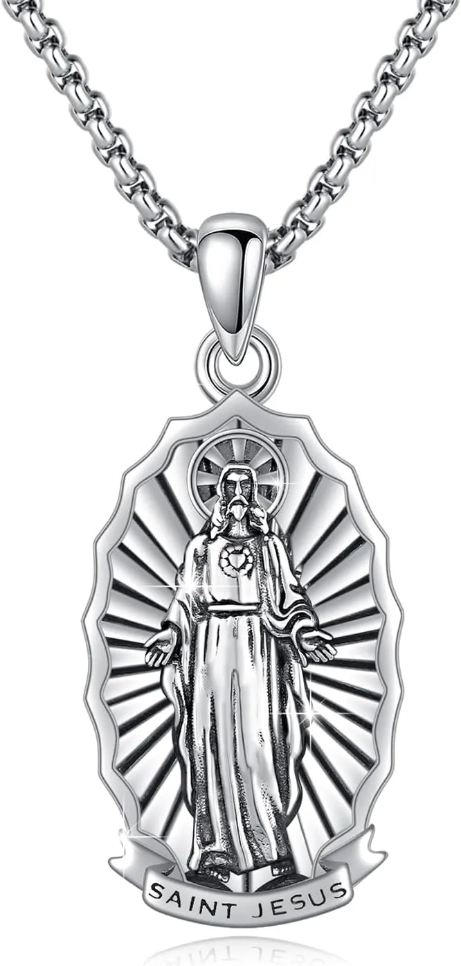 925 Sterling Silver Santa Muerte/St Benedict/Virgin Mary/Saint Jesus/Saint Joseph Miraculous Medal Necklace for Men