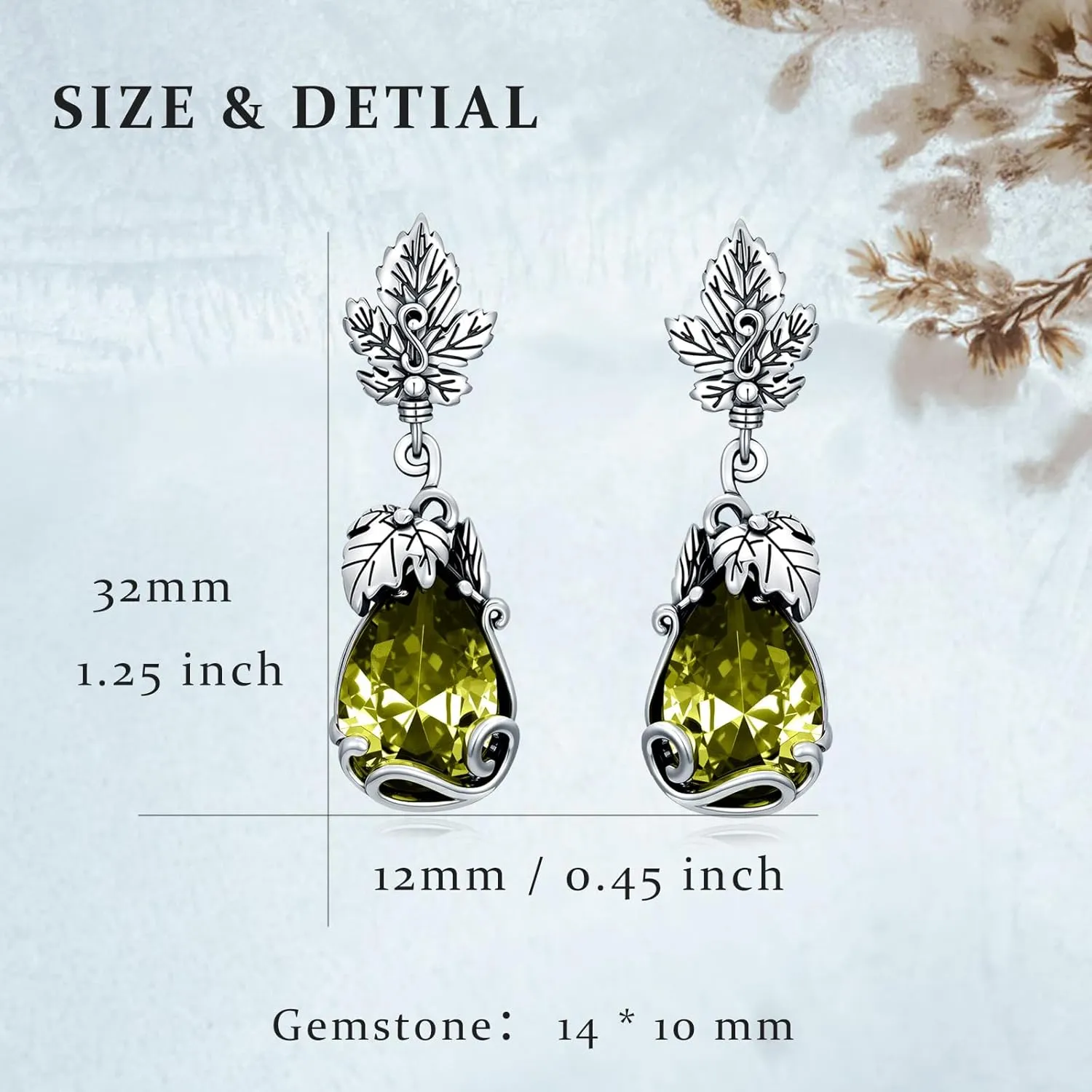 925 Sterling Silver Vintage Leaf Nature Style Teardrop Dangle Earrings with 14 mm Birthstone Gemstone Anniversary Jewelry Gifts for Women Her Wife