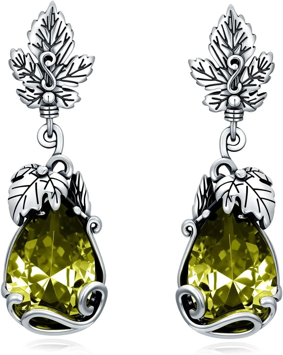 925 Sterling Silver Vintage Leaf Nature Style Teardrop Dangle Earrings with 14 mm Birthstone Gemstone Anniversary Jewelry Gifts for Women Her Wife