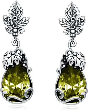 925 Sterling Silver Vintage Leaf Nature Style Teardrop Dangle Earrings with 14 mm Birthstone Gemstone Anniversary Jewelry Gifts for Women Her Wife