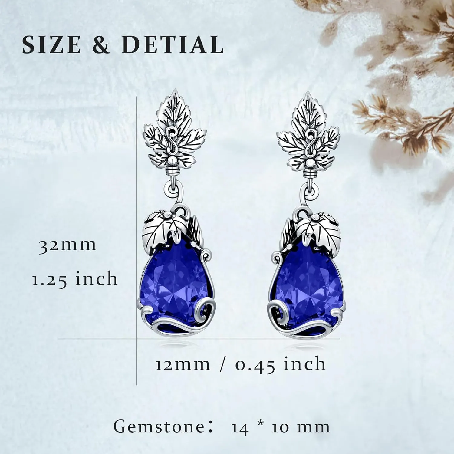 925 Sterling Silver Vintage Leaf Nature Style Teardrop Dangle Earrings with 14 mm Birthstone Gemstone Anniversary Jewelry Gifts for Women Her Wife