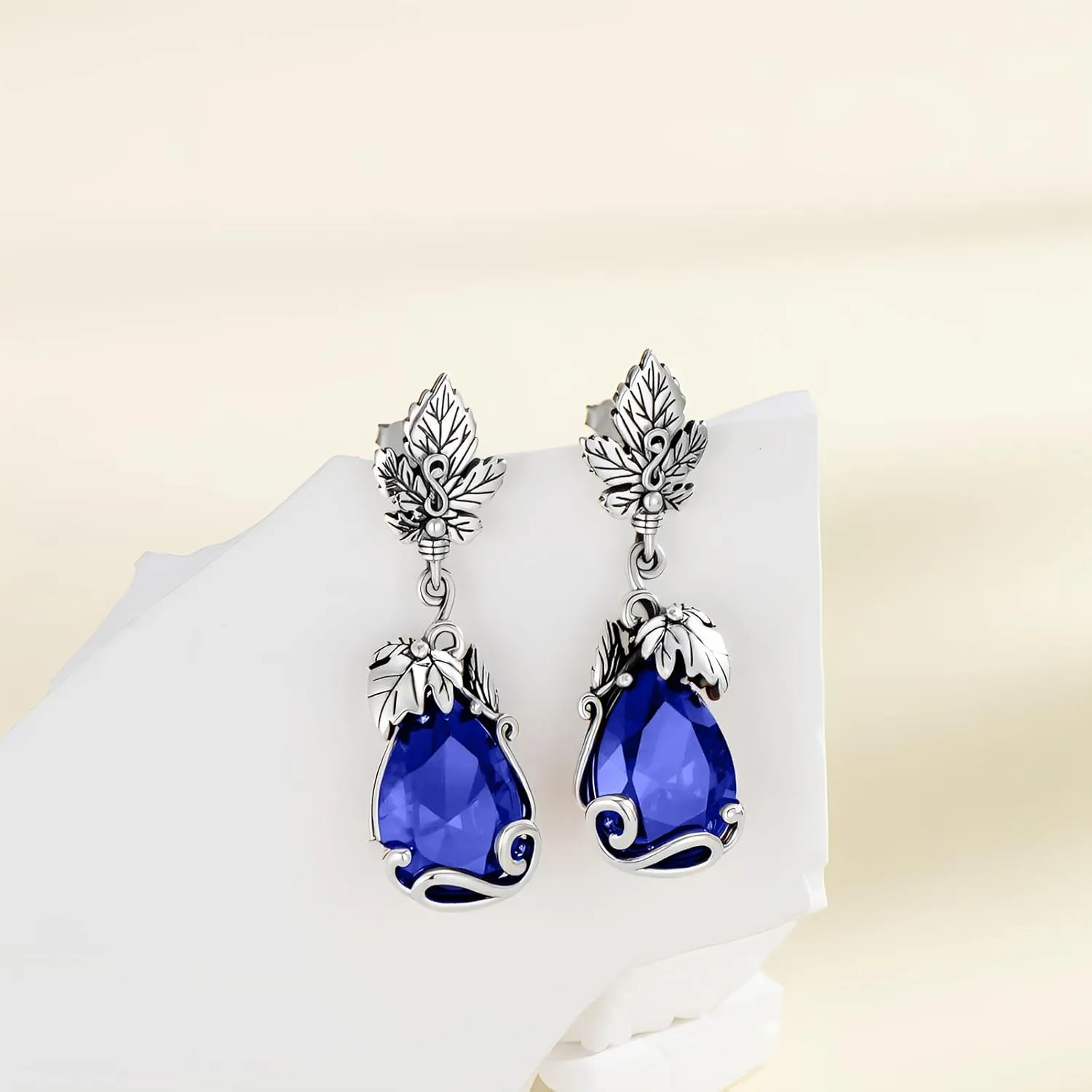 925 Sterling Silver Vintage Leaf Nature Style Teardrop Dangle Earrings with 14 mm Birthstone Gemstone Anniversary Jewelry Gifts for Women Her Wife