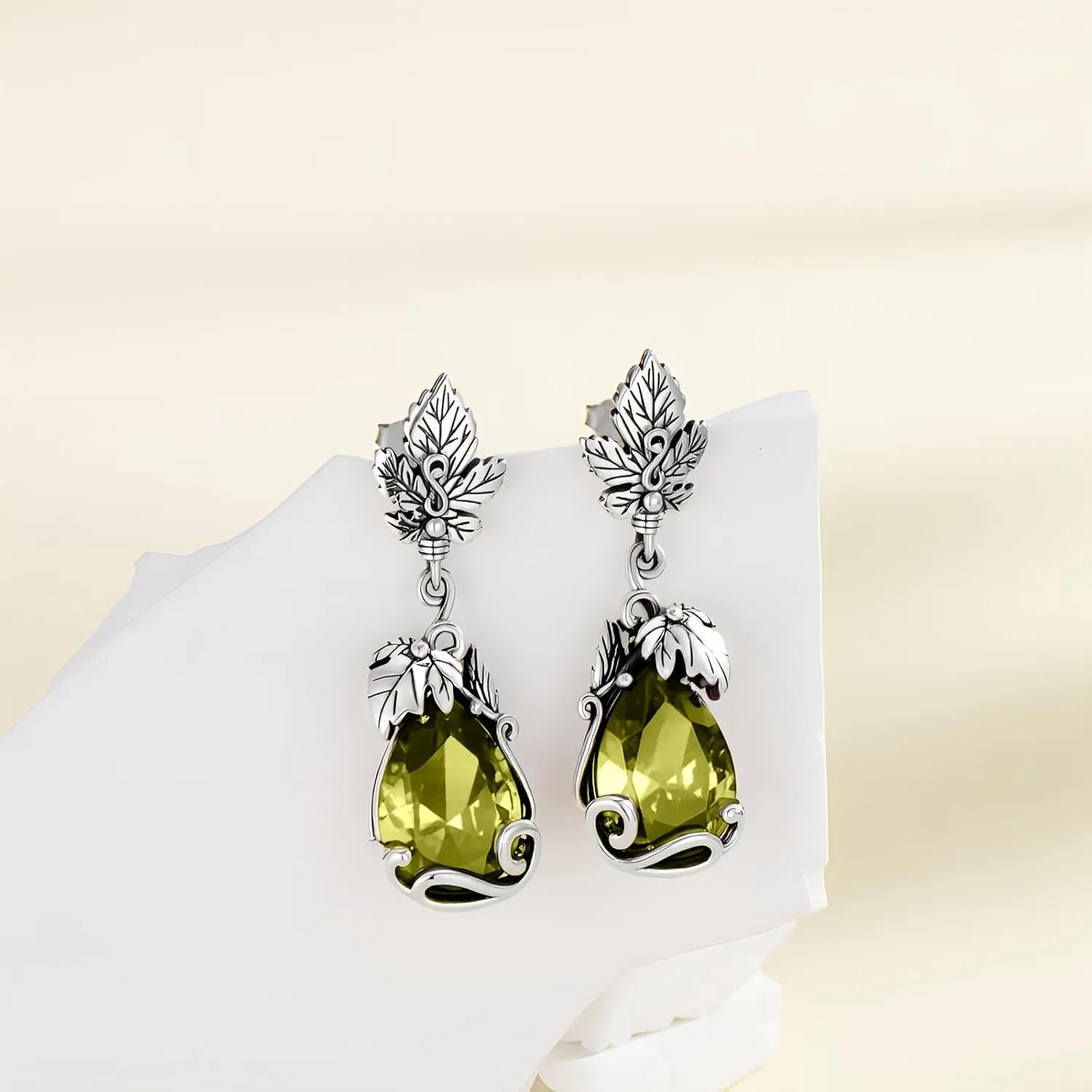 925 Sterling Silver Vintage Leaf Nature Style Teardrop Dangle Earrings with 14 mm Birthstone Gemstone Anniversary Jewelry Gifts for Women Her Wife