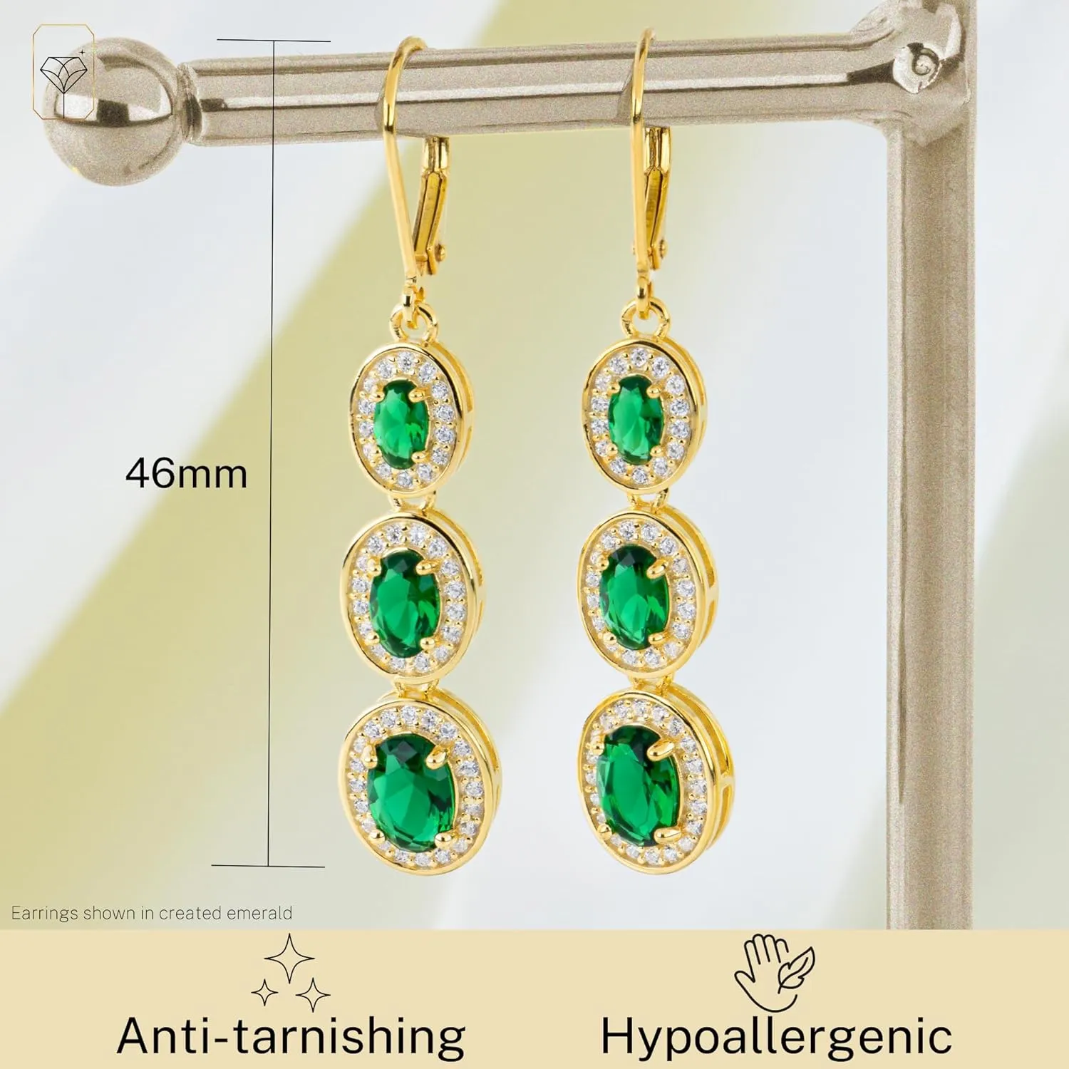 925 Sterling Silver with 18k Gold Overlay Oval Dangle Drop Earrings For Women with Simulated Emerald, Ruby, or Sapphire Graduated with Leverback by MAX   STONE