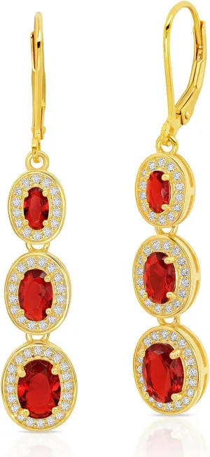 925 Sterling Silver with 18k Gold Overlay Oval Dangle Drop Earrings For Women with Simulated Emerald, Ruby, or Sapphire Graduated with Leverback by MAX   STONE
