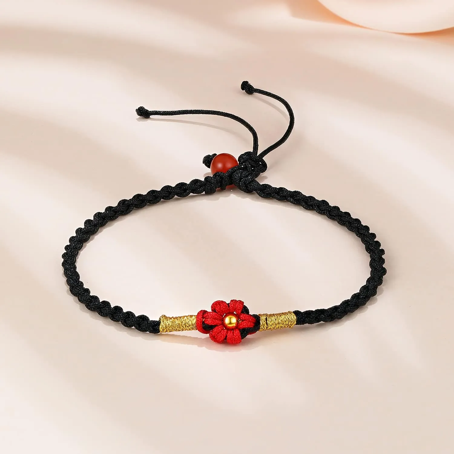 999 24K Solid Gold Bracelets for Women, Real Pure Gold Adjustable Friendship Charm Gold Bead Flower Bracelet Red Black Green Braided Bracelet for Men Mom Girlfriend