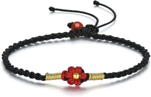 999 24K Solid Gold Bracelets for Women, Real Pure Gold Adjustable Friendship Charm Gold Bead Flower Bracelet Red Black Green Braided Bracelet for Men Mom Girlfriend
