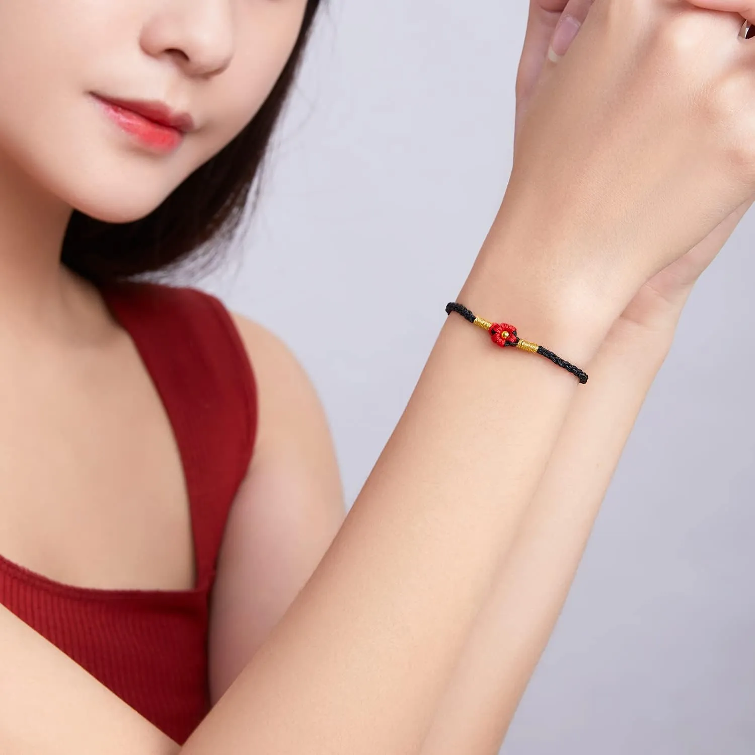 999 24K Solid Gold Bracelets for Women, Real Pure Gold Adjustable Friendship Charm Gold Bead Flower Bracelet Red Black Green Braided Bracelet for Men Mom Girlfriend
