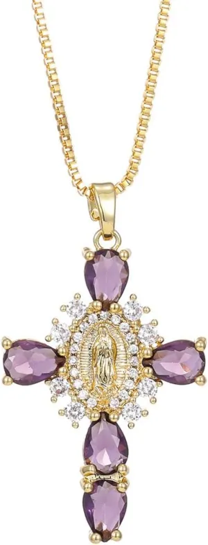 A 14k gold plated, sparkling stone and gold cross necklace of Our Lady - an eternal symbol of love