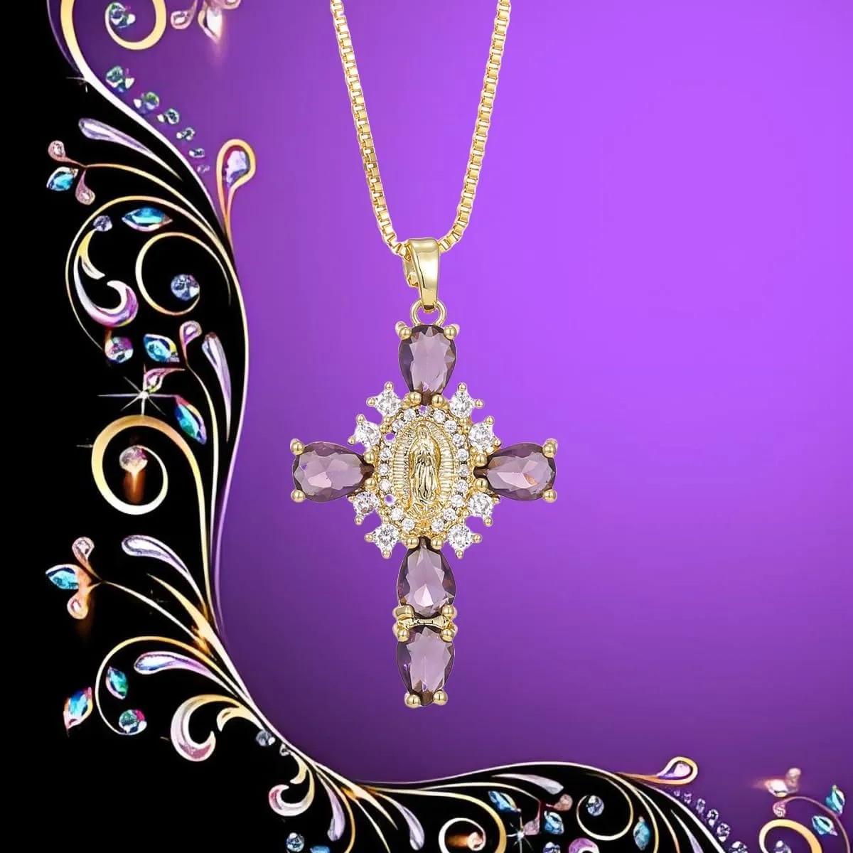 A 14k gold plated, sparkling stone and gold cross necklace of Our Lady - an eternal symbol of love
