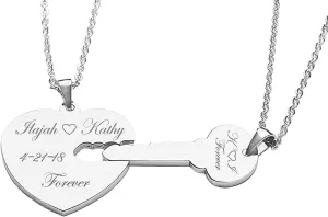 A & L Engraving Personalized Silver Heart & Key Necklace Set - Ships from USA
