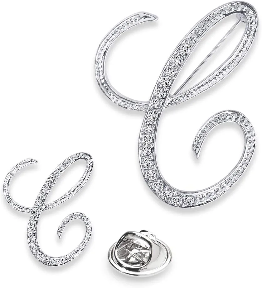 A-Z Womans Letter Initial Brooch Pins, Silver Clear Crystal Rhinestone Breastpins Letter Stocking Pins 2size/package