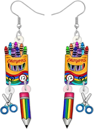 Acrylic Globe Pencil Earrings Dangle Jewelry Ruler Eraser Stationery Sets for Kids Teachers Women Girls Back to School Gifts (Scissors Crayons Sets)