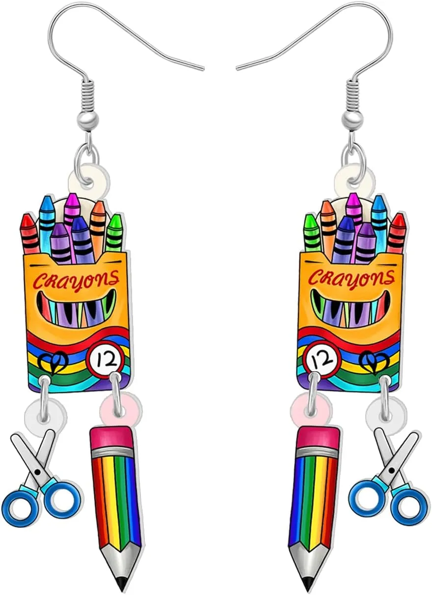 Acrylic Globe Pencil Earrings Dangle Jewelry Ruler Eraser Stationery Sets for Kids Teachers Women Girls Back to School Gifts (Scissors Crayons Sets)