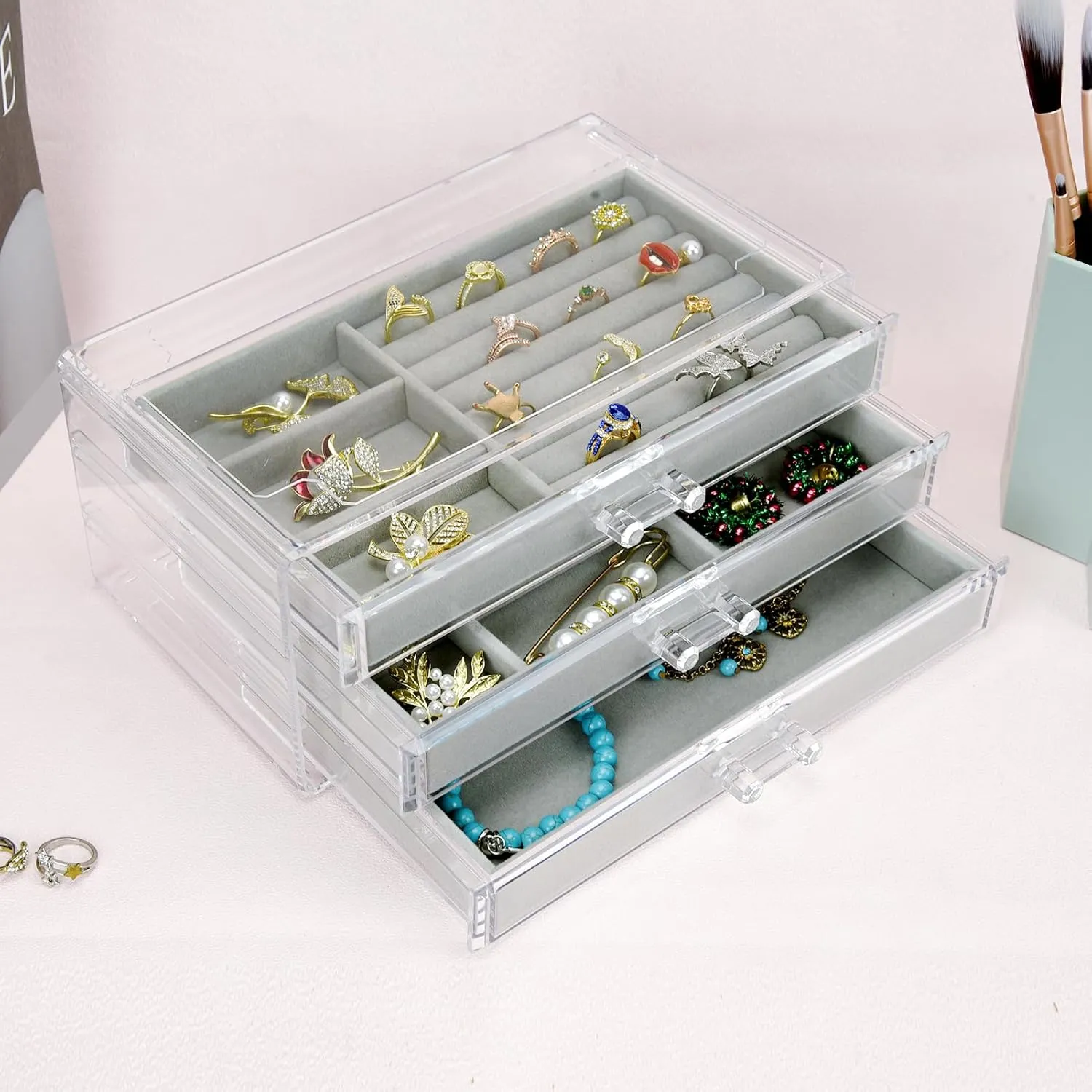 Acrylic Jewelry Box 3 Drawers, Velvet Jewellery Organizer, Earring Rings Necklaces Bracelets Display Case Gift for Women, Girls