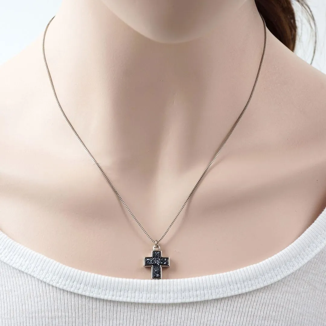 Adabele Natural Druzy Necklace Small Cross Sign Gemstone Pendant 18 inch Sparkly Agate Stone Crystal Women Jewelry Tarnish Resistant Stainless Steel/Gold Plated Chain