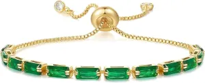 Adjustable 14K Gold Plated Chain Emerald Rhinestone Stretch Charm Bracelets Friendship Open Bangle Wrist Cuff Sparkling Elegant Jewelry for Women