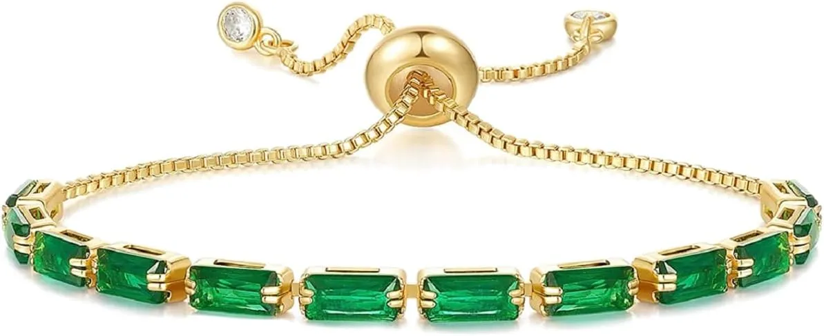 Adjustable 14K Gold Plated Chain Emerald Rhinestone Stretch Charm Bracelets Friendship Open Bangle Wrist Cuff Sparkling Elegant Jewelry for Women